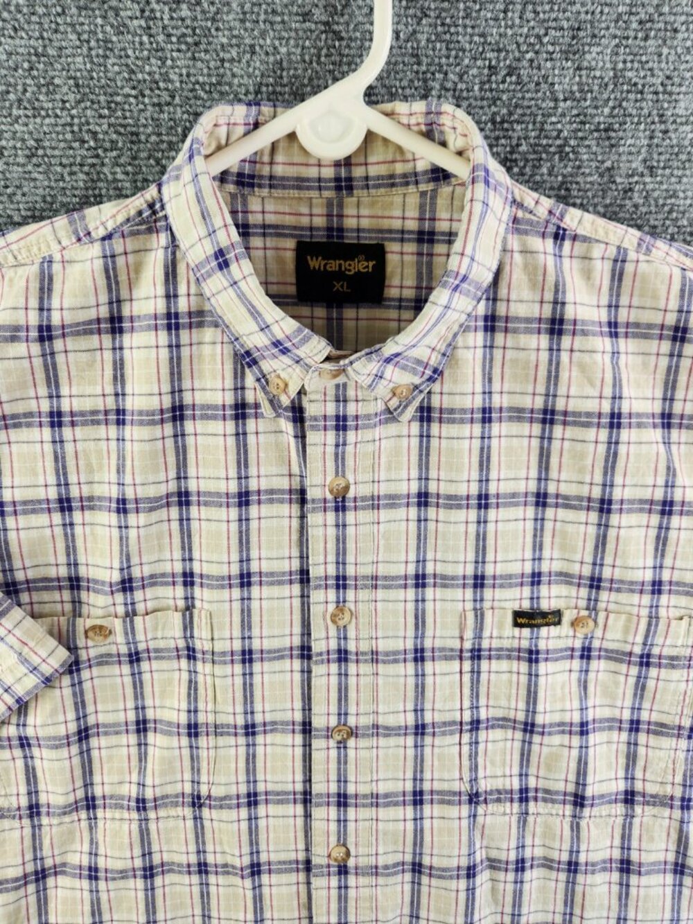 Wrangler Western Button Up Shirt Short Sleeve XL Blue Red Beige Plaid All Cotton